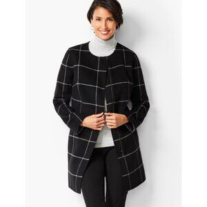 Talbots Petite Windowpane Wool Blend Open Front Coat Black & White Grid Size P